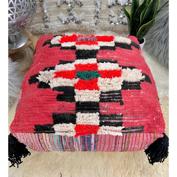 Handmade Moroccan Floor Pillow Ottoman, Vintage Boucherouite Pouf 03YS0080 - Picture 7 of 10